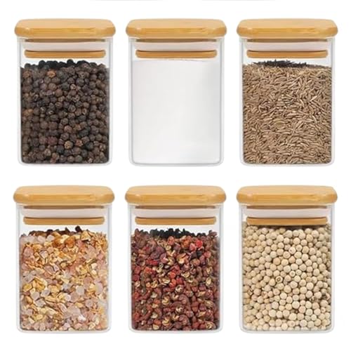Encheng Glass Storage square Containers with Lids Glass Jars with Lids,230 ml Clear Food Canister, Pantry jar set of 6(6, SQUARE BAMBOO LID GLASS JAR 230 ml-) - Image 1