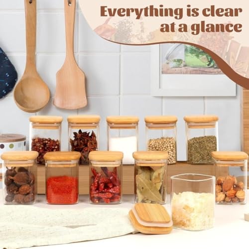 Encheng Glass Storage square Containers with Lids Glass Jars with Lids,230 ml Clear Food Canister, Pantry jar set of 6(6, SQUARE BAMBOO LID GLASS JAR 230 ml-) - Image 3