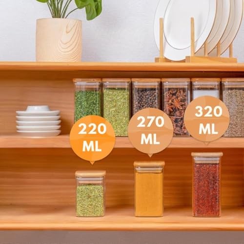 Encheng Glass Storage square Containers with Lids Glass Jars with Lids,230 ml Clear Food Canister, Pantry jar set of 6(6, SQUARE BAMBOO LID GLASS JAR 230 ml-) - Image 5