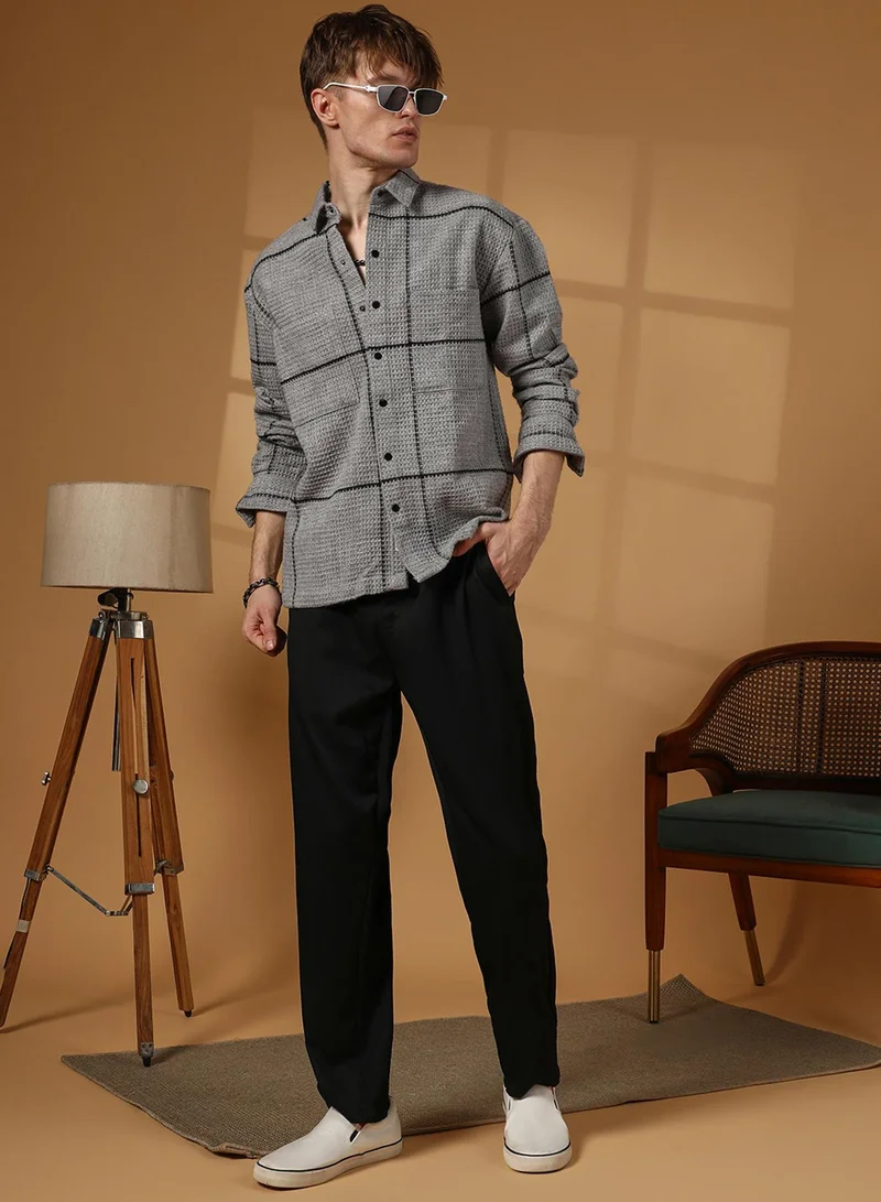 Campus Sutra Men's Moon Grey Graph-Check Waffle Overshirt