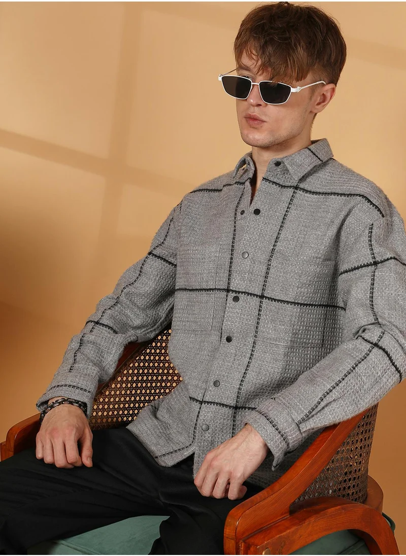 Campus Sutra Men's Moon Grey Graph-Check Waffle Overshirt