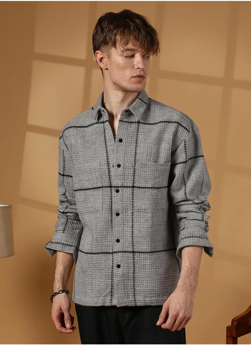 Campus Sutra Men's Moon Grey Graph-Check Waffle Overshirt
