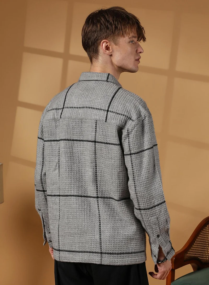 Campus Sutra Men's Moon Grey Graph-Check Waffle Overshirt