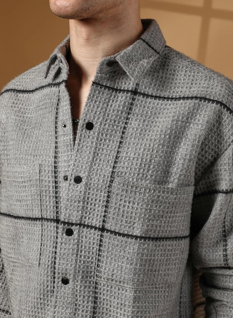 Campus Sutra Men's Moon Grey Graph-Check Waffle Overshirt