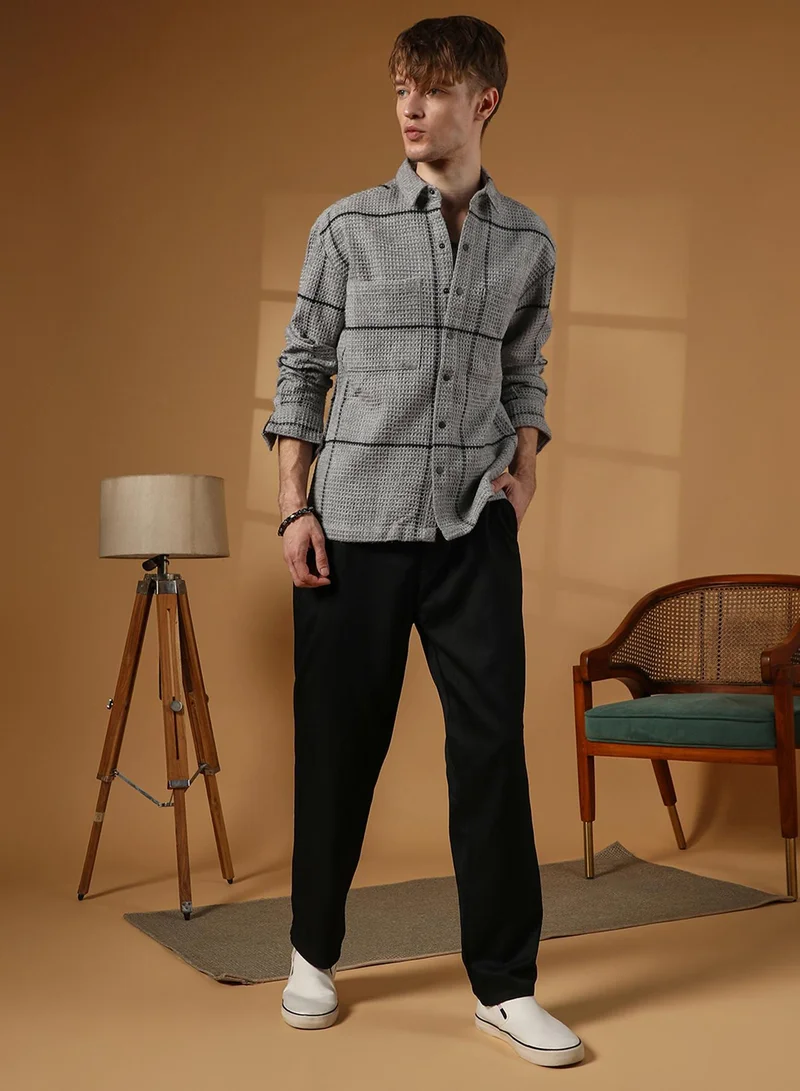 Campus Sutra Men's Moon Grey Graph-Check Waffle Overshirt