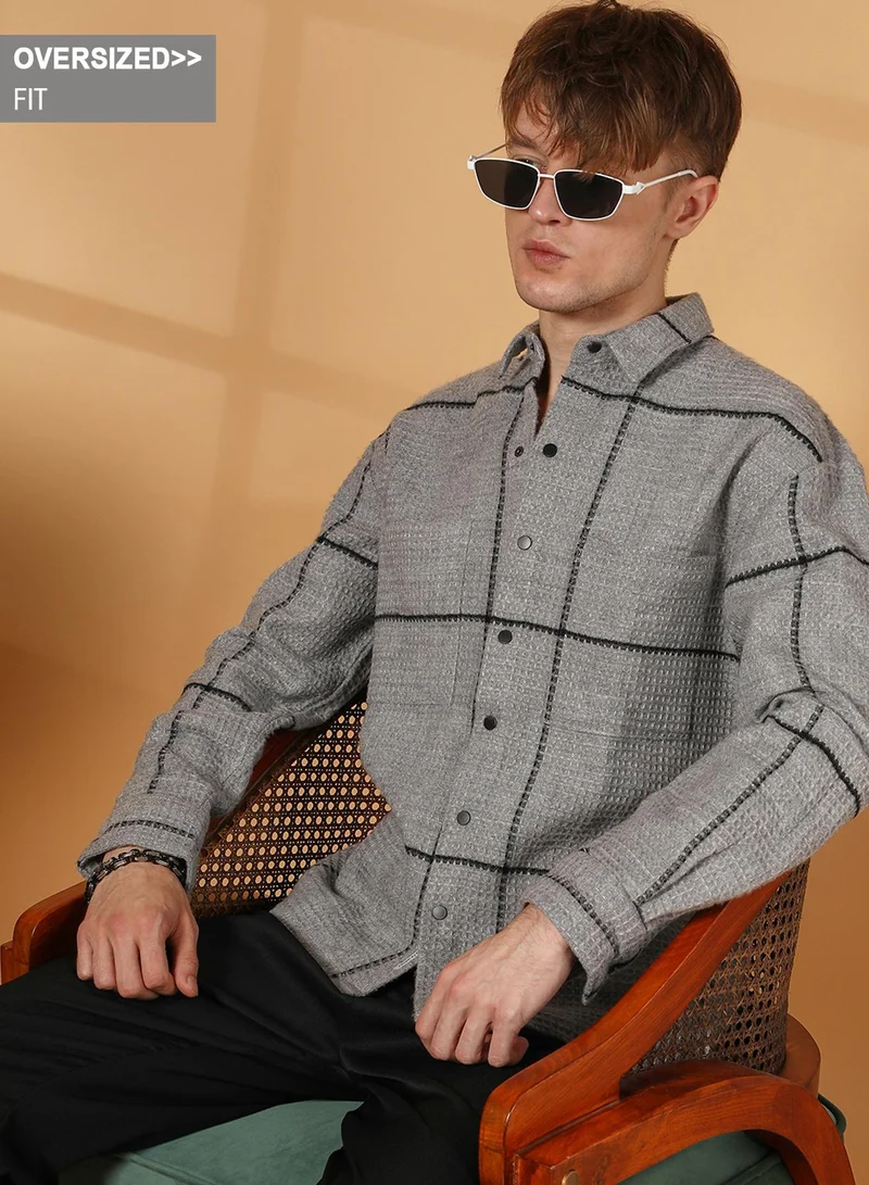 Campus Sutra Campus Sutra Men's Moon Grey Graph-Check Waffle Overshirt For Casual Wear | Spread Collar | Long Sleeve | Button Closure | Overshirt/Shacket Crafted With Comfort Fit For Everyday Wear