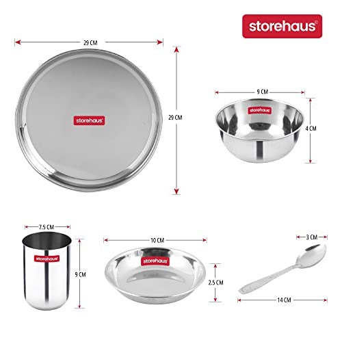 Storehaus Stainless Steel 6 pc (1 Thali+2 Katori+1glass+1 Spoon+1 Halwa Plate) Kitchenware Set Ideal for Home, Restaurants and Family Use, Silver - Image 2