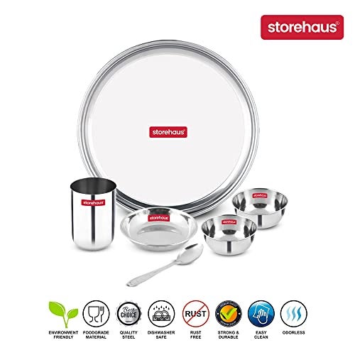 Storehaus Stainless Steel 6 pc (1 Thali+2 Katori+1glass+1 Spoon+1 Halwa Plate) Kitchenware Set Ideal for Home, Restaurants and Family Use, Silver - Image 3