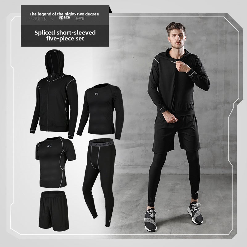 Generic Mens Fitness Tight Suit Basketball Gym Training Summer Set Black-stitching short-sleeved five-piece set