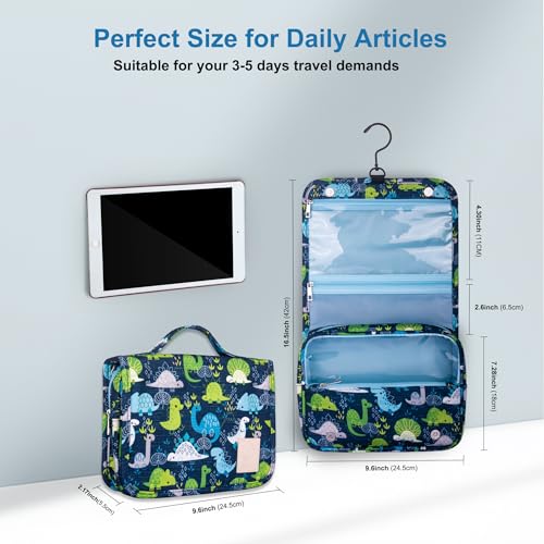 Eudora Hanging Travel Kids Toiletry Bag for Boys, Waterproof Travel Organizer, Cute Dinosaur Snake Cartoon Cosmetic Bath Bag with 360 Rotatable Hook (Blue) - Image 5