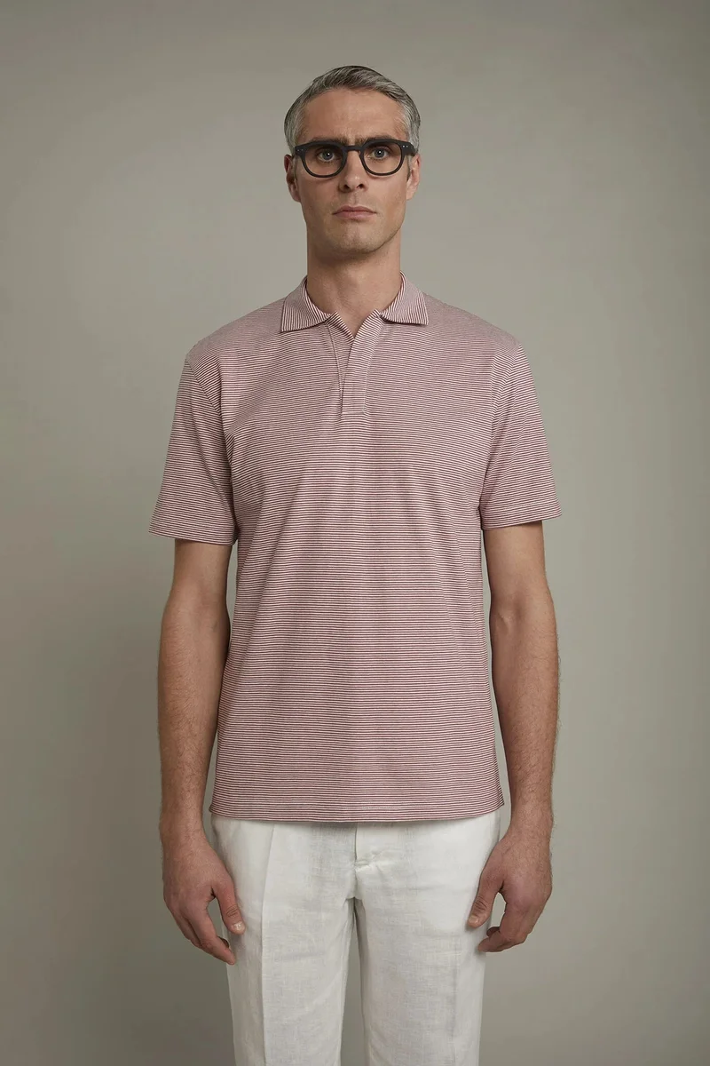 Doppelganger Multicolour Men's short sleeve button-less polo shirt with derby collar and thin stripes 100% cotton regular fit - Offwhite/Antiqu for Men | Best Price UAE