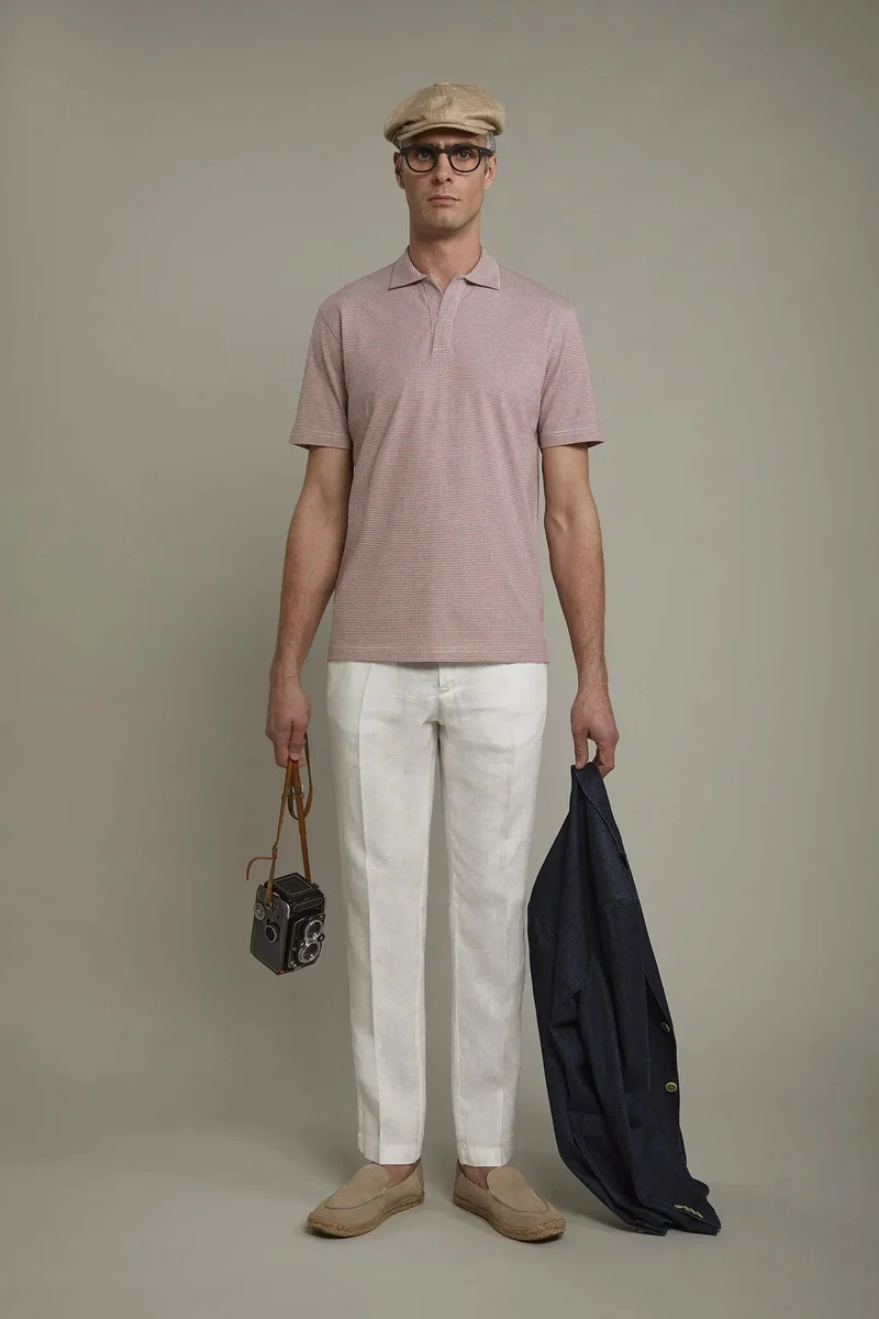 Men's short sleeve button-less polo shirt with derby collar and thin stripes 100% cotton regular fit - Offwhite/Antiqu