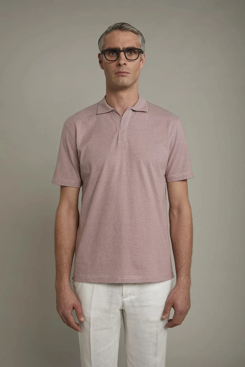 Doppelganger Men's short sleeve button-less polo shirt with derby collar and thin stripes 100% cotton regular fit - Offwhite/Antiqu