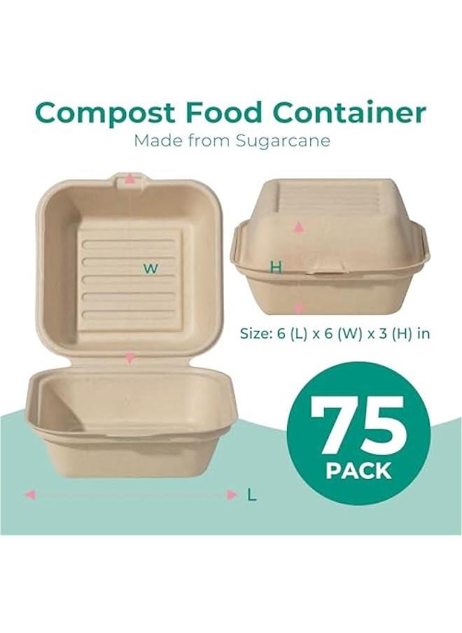 Arabest Eco-Friendly 6 x 6 Pack To Go Clamshell Containers for Food - Biodegradable Sugarcane Take Out Boxes, Microwave Safe Brown - Disposable Compostable To Go Containers  - Image 2