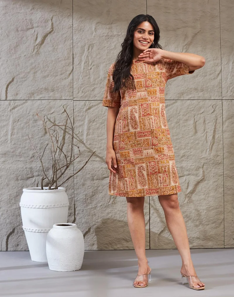 فاب انديا Beige Cotton Linen Kalamkari Short Dress