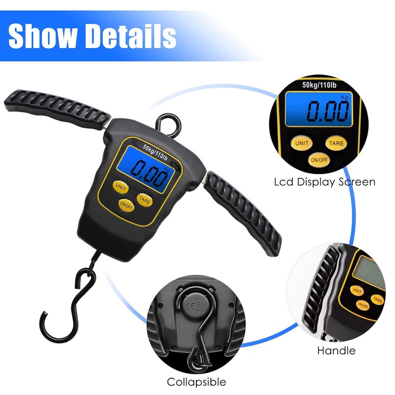 VOPOCO Fish Scale 110lbs/50kg Portable Hanging Fishing Weight Scale Digital Spring Balance Folding Handles Bag Weight Scale Waterproof Hanging Hook Scale with Back-lit LCD Display Fishing Gift for Men - Image 2