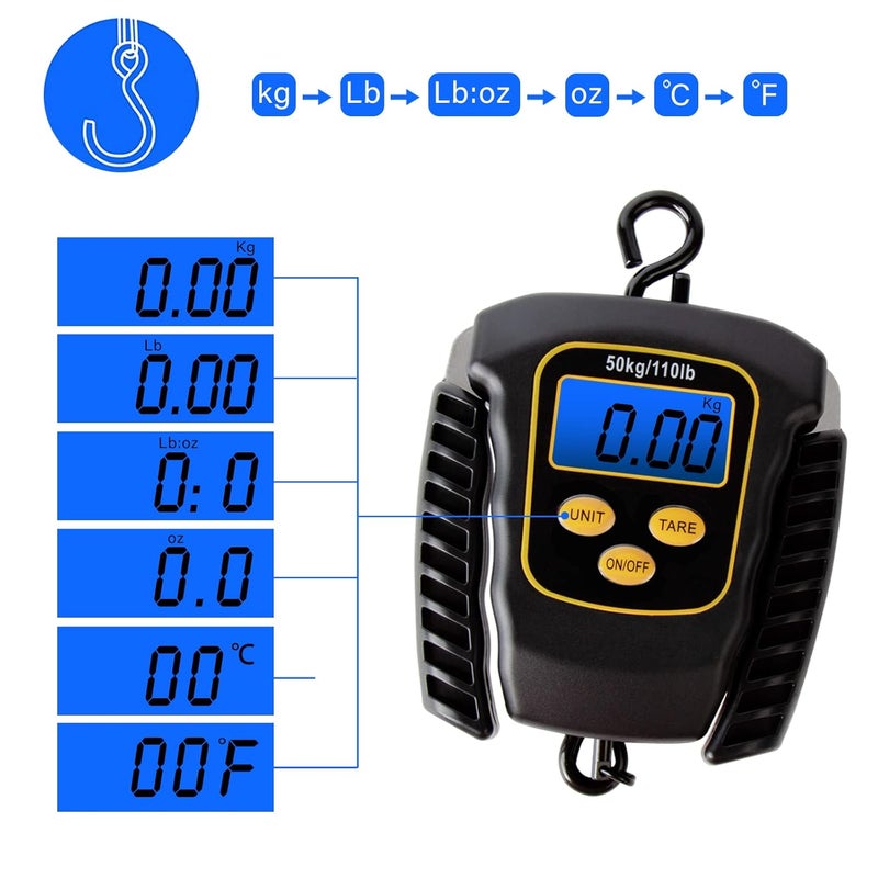 VOPOCO Fish Scale 110lbs/50kg Portable Hanging Fishing Weight Scale Digital Spring Balance Folding Handles Bag Weight Scale Waterproof Hanging Hook Scale with Back-lit LCD Display Fishing Gift for Men - Image 4