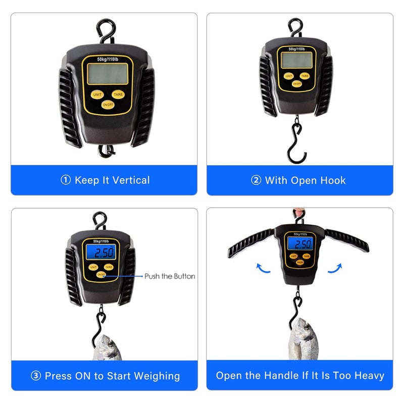 VOPOCO Fish Scale 110lbs/50kg Portable Hanging Fishing Weight Scale Digital Spring Balance Folding Handles Bag Weight Scale Waterproof Hanging Hook Scale with Back-lit LCD Display Fishing Gift for Men - Image 3