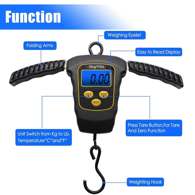 VOPOCO Fish Scale 110lbs/50kg Portable Hanging Fishing Weight Scale Digital Spring Balance Folding Handles Bag Weight Scale Waterproof Hanging Hook Scale with Back-lit LCD Display Fishing Gift for Men - Image 5