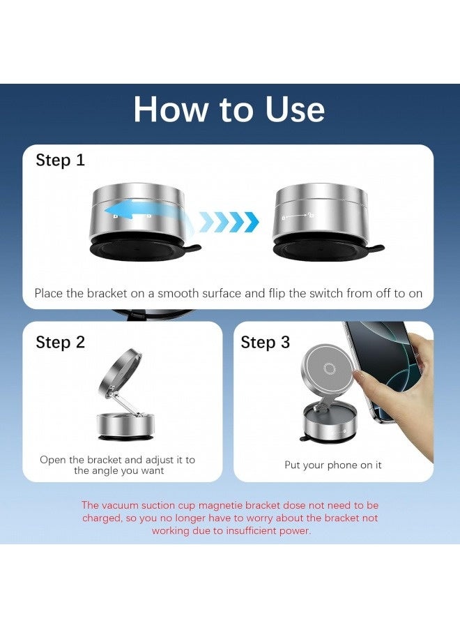 Strong Magnetic Car Phone Holder, Vacuum Suction Dashboard & Windshield Mount, 360° Rotatable, Universal Magsafe Car Mount Compatible with All Smartphones (iPhone 17/16/15/14, Samsung S25/S24) - (Silver) - Image 3