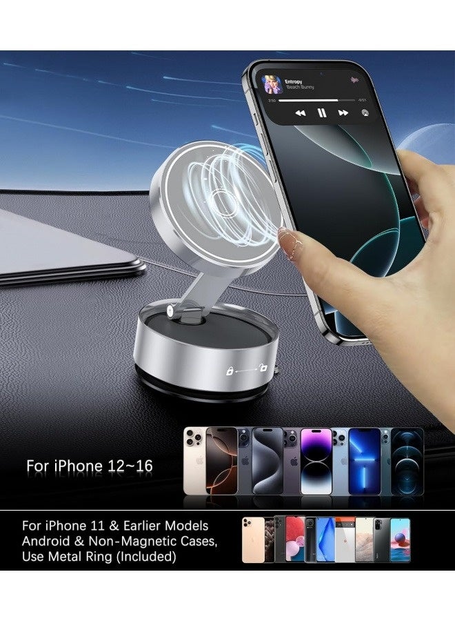 Strong Magnetic Car Phone Holder, Vacuum Suction Dashboard & Windshield Mount, 360° Rotatable, Universal Magsafe Car Mount Compatible with All Smartphones (iPhone 17/16/15/14, Samsung S25/S24) - (Silver) - Image 4