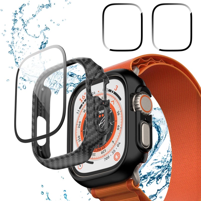 Cuteey Apple Watch Ultra 49mm 2+2 Pack Waterproof Case with Separate No-Foggy Tempered Glass Screen Protector and Hard PC Bumper, Carbon Fiber - Image 3