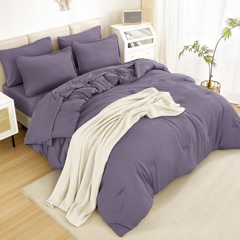 Litanika Litanika Queen Comforter Set Grey Purple - 7 Pieces Bed in a Bag Queen Beddding Comforter Sets  Solid Lightweight Bed Set with Comforter  Sheets  Pillowcases & Shams  - Image 3