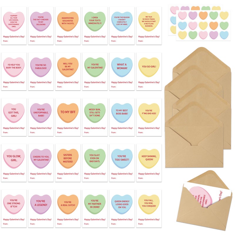 CPicdn Funny Galentineâ€™s Day Cards - 30Set Humorous Valentineâ€™s Day Cards Bulk Boxed with Envelopes Stickers, Candy Heart Note Cute Galentines Gifts for Girls Women Friends Exchange Party Supplies - Image 1