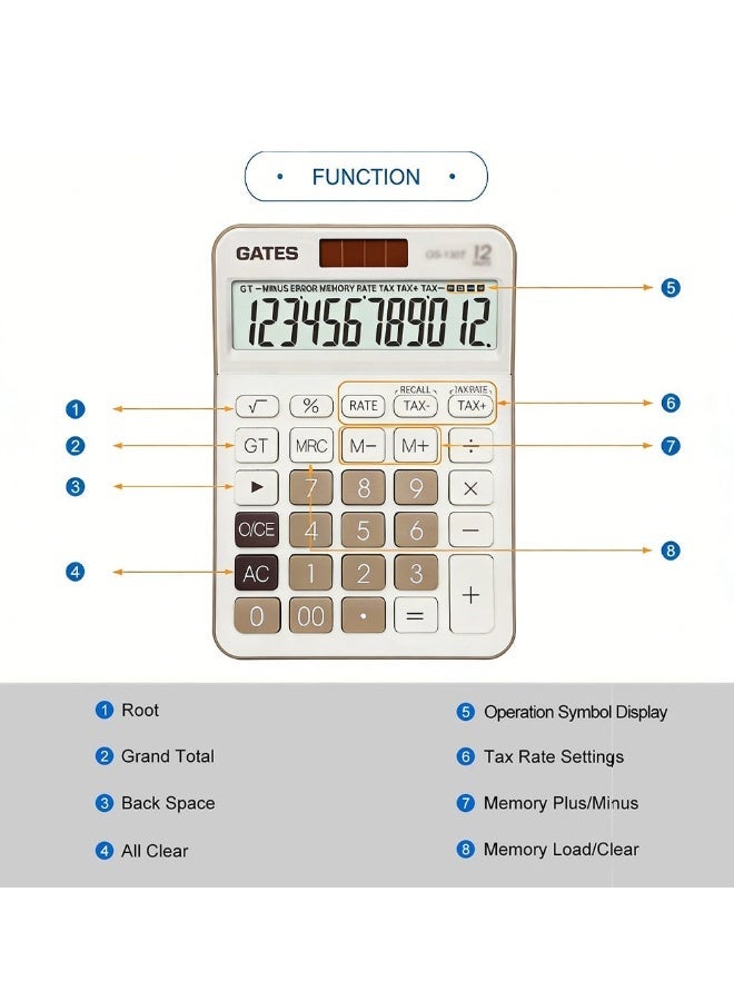 Gates Office Calculator Desktop, Colorful Desktop 12-Digit Calculator with Bright LCD Display - Dual Power  (Solar &Battery) Anti-Slip Design for Financial Accounting Business Use, Office, and High School - Image 4