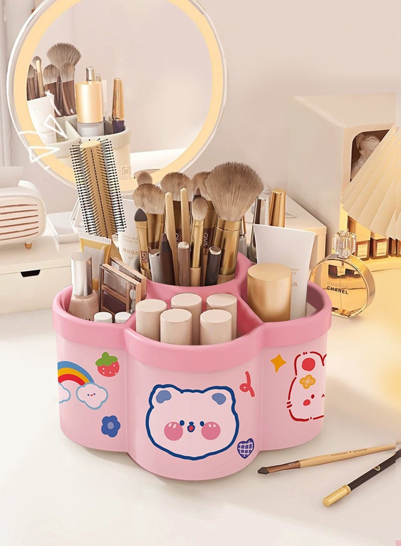 BEIRUI 360° Rotating Makeup Organizer, Cartoon Stationery Organizer, Plastic Flower Shape Design with 6 Compartments, Multifunctional Holder for Brushes, Lipsticks, Skincare Products and Stationery - Image 2
