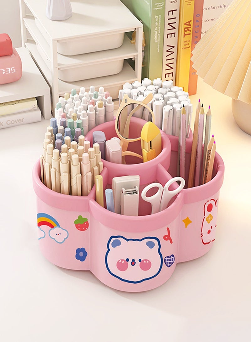 BEIRUI 360° Rotating Makeup Organizer, Cartoon Stationery Organizer, Plastic Flower Shape Design with 6 Compartments, Multifunctional Holder for Brushes, Lipsticks, Skincare Products and Stationery - Image 1