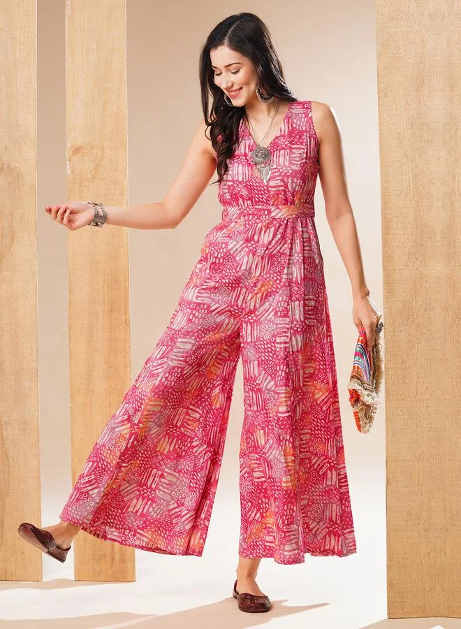 globus Women Printed Wrap V Neck Wide Leg Jumpsuit