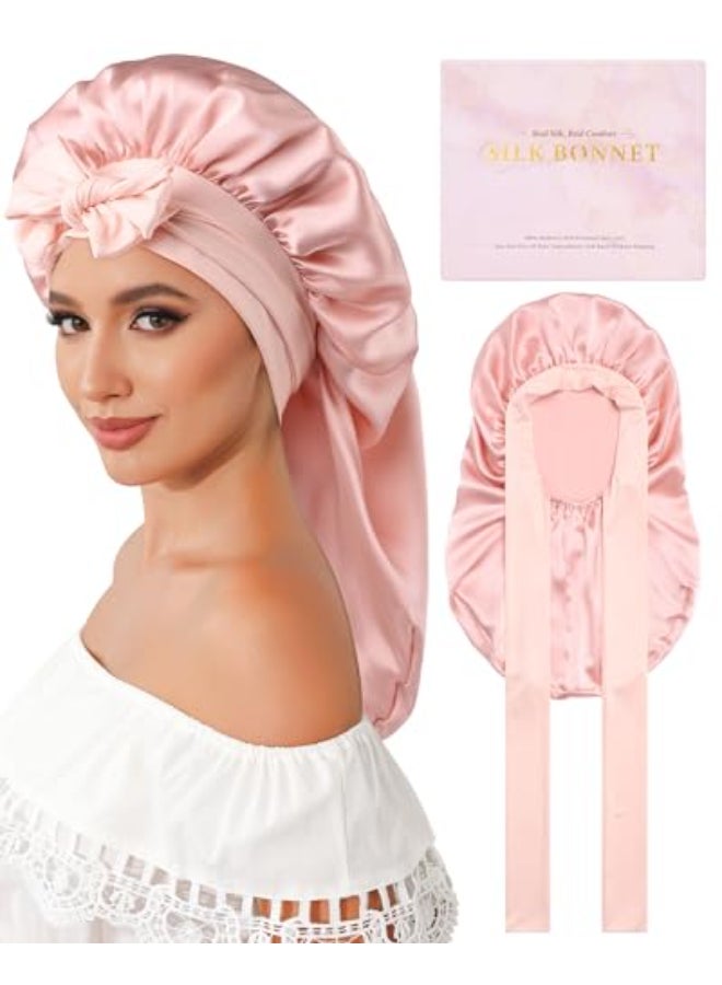 AWAYTR Silk Bonnet for Long Hair 100 Mulberry Silk Bonnet for Sleeping Women or Kids with Adjustable Elastic Band Pink - Image 1