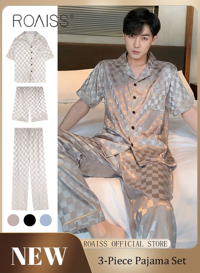 roaiss 3-Piece Set Men's Short Sleeves Pajamas Pants Trousers Sleepwear Sets Satin Grid Printing Silk Nightgown Male Loose Shirts Spring Summer Loungewear Home Clothes - Image 1