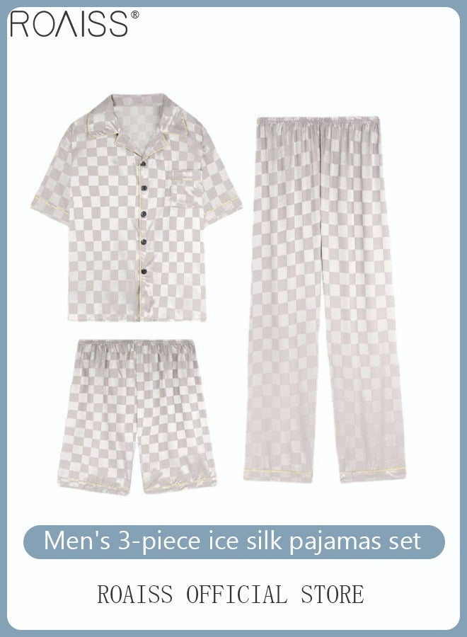 roaiss 3-Piece Set Men's Short Sleeves Pajamas Pants Trousers Sleepwear Sets Satin Grid Printing Silk Nightgown Male Loose Shirts Spring Summer Loungewear Home Clothes - Image 2