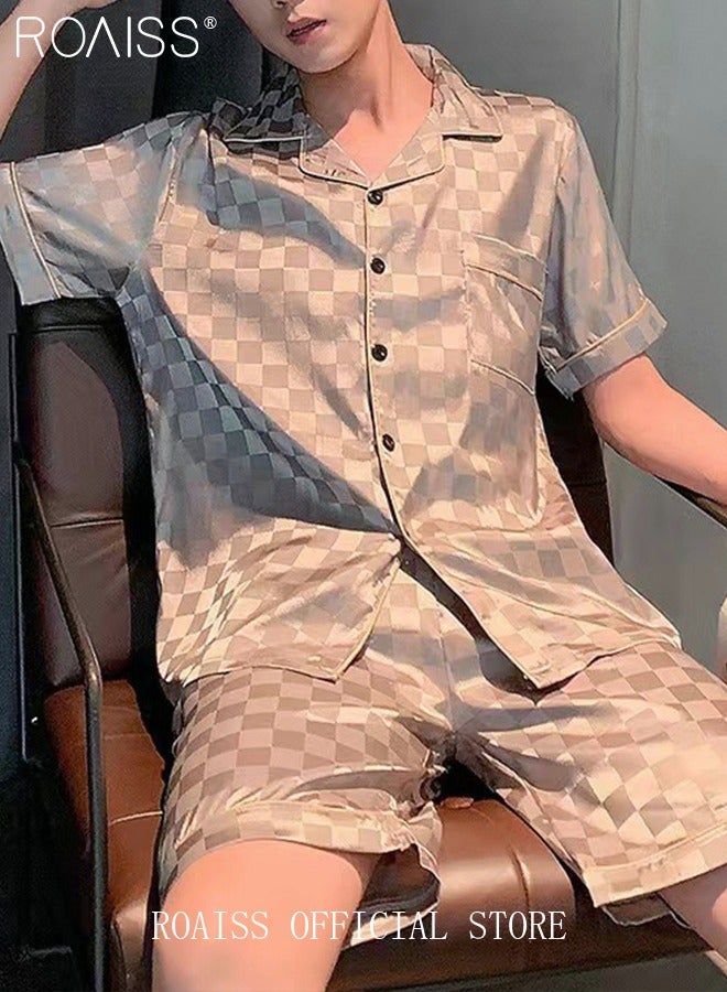 roaiss 3-Piece Set Men's Short Sleeves Pajamas Pants Trousers Sleepwear Sets Satin Grid Printing Silk Nightgown Male Loose Shirts Spring Summer Loungewear Home Clothes - Image 3