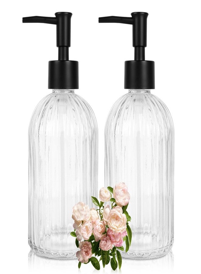 Ulable 2 Pack Glass Soap Dispenser with Pump, 13.5oz Refillable Soap Dispensers with Vertical Stripe for Hand Wash & Dish Wash, Elegant Bathroom Soap Dispenser for Dishwashing Liquid, Lotion - Image 1