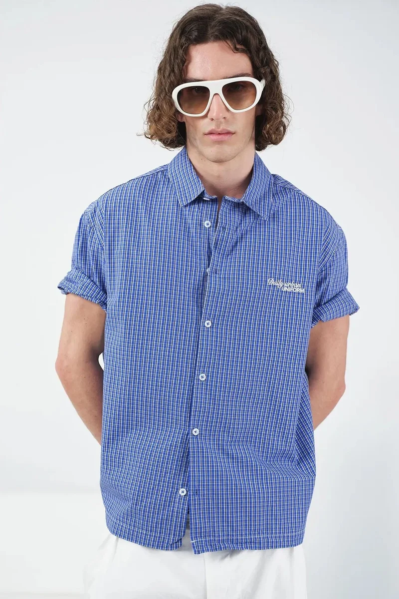 GIESTO Casual Plaid Button-Up Short Sleeve Shirt