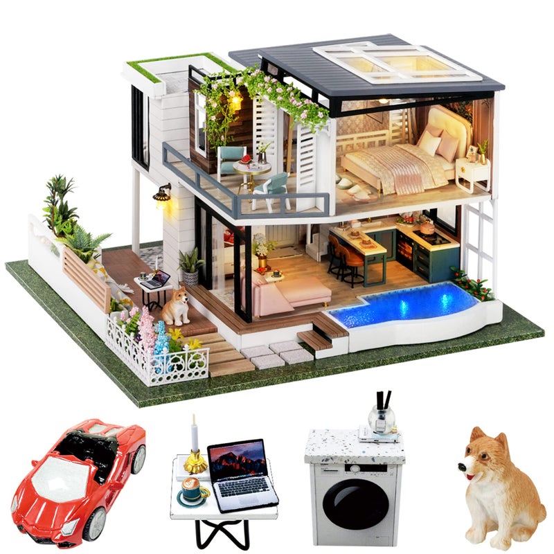 Spilay Dollhouse Miniature with FurnitureDIY Wooden Crafts Doll House Mini Handmade Kit124 Scale Creative Room Idea Gift for Adult Friend Lover West Creek House with Dust Cover Music Box Car - Image 3