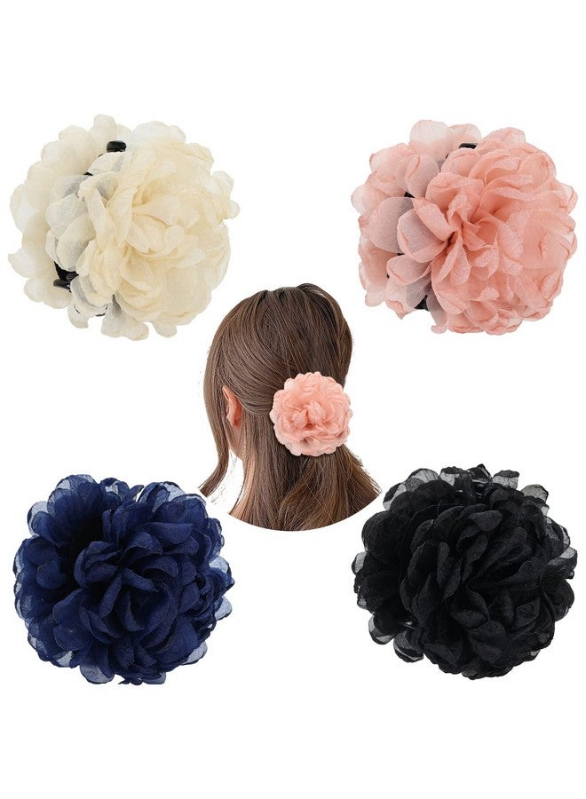 Cinaci 4 Pack Large Tulle Gauze Ruffle Rose Flower Plastic Hair Claws Clips Big Silk Fabric Floral Hair Bow Jaw Barrettes Clamps Bun Updo Holders Decorative Fancy Hair Accessories For Women Girls - Image 1