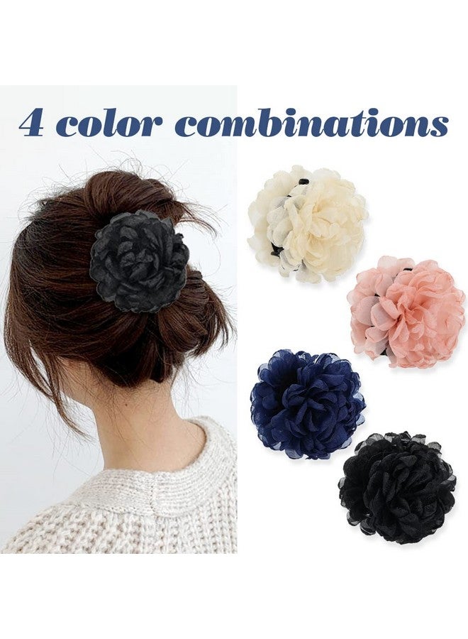 Cinaci 4 Pack Large Tulle Gauze Ruffle Rose Flower Plastic Hair Claws Clips Big Silk Fabric Floral Hair Bow Jaw Barrettes Clamps Bun Updo Holders Decorative Fancy Hair Accessories For Women Girls - Image 4