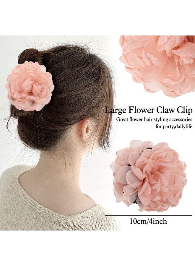 Cinaci 4 Pack Large Tulle Gauze Ruffle Rose Flower Plastic Hair Claws Clips Big Silk Fabric Floral Hair Bow Jaw Barrettes Clamps Bun Updo Holders Decorative Fancy Hair Accessories For Women Girls - Image 3