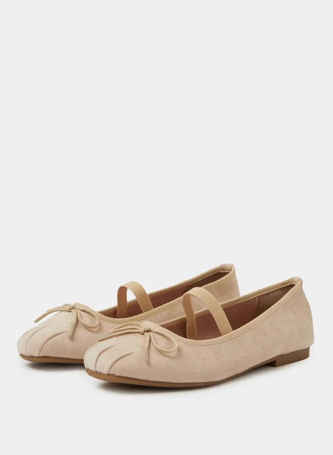 Styli Beige Bow Detail  Suede Ballerina Flats