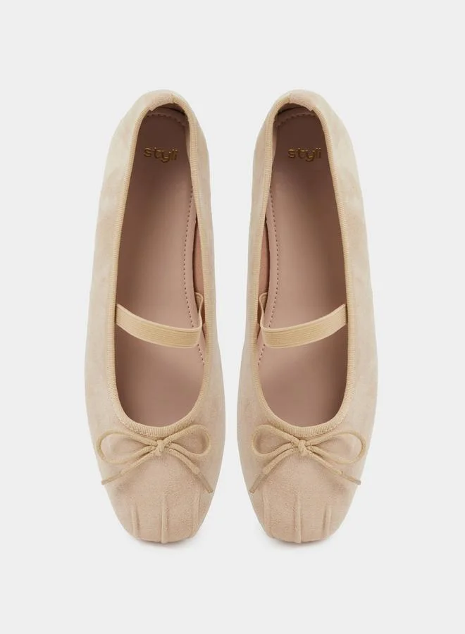 Styli  Beige Bow Detail  Suede Ballerina Flats for Women | Best Price UAE