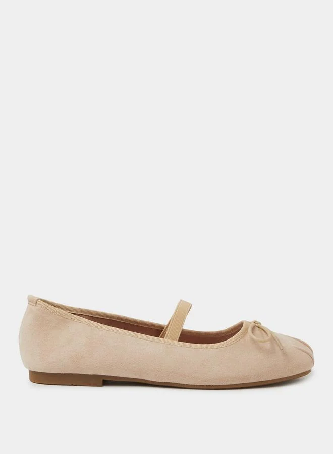 Styli Beige Bow Detail  Suede Ballerina Flats