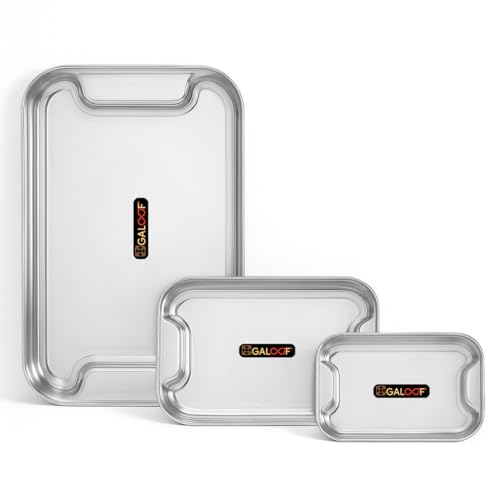 GALOOF Stainless Steel Serving Tray Set of 3 | Rectangle Platter Plates | Unbreakable & Stackable | Ideal Lamon Platter for Serving Tea, Coffee, Snacks, Dining (Small + Medium + Big) - Image 1