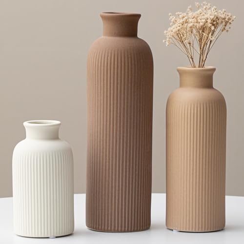 vaurcesa Modern Ceramic Vase Set, Earth Tone Natural Color Ribbed Matte Design, 3-Piece Decorative Vases for Home, Living Room, Office (Coffee Mix) - Image 1