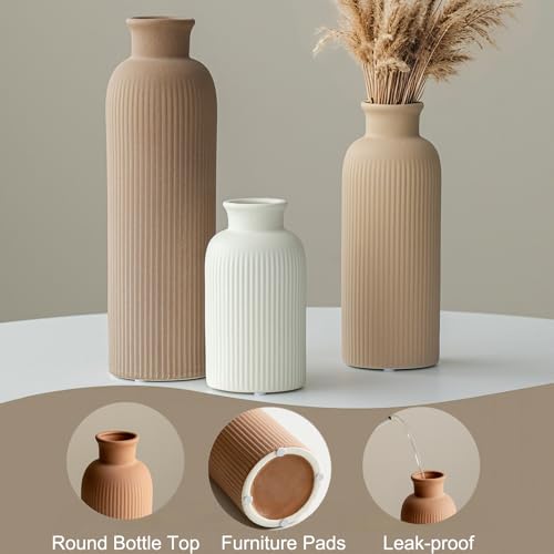 vaurcesa Modern Ceramic Vase Set, Earth Tone Natural Color Ribbed Matte Design, 3-Piece Decorative Vases for Home, Living Room, Office (Coffee Mix) - Image 3