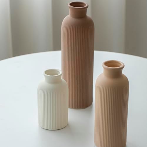 vaurcesa Modern Ceramic Vase Set, Earth Tone Natural Color Ribbed Matte Design, 3-Piece Decorative Vases for Home, Living Room, Office (Coffee Mix) - Image 4