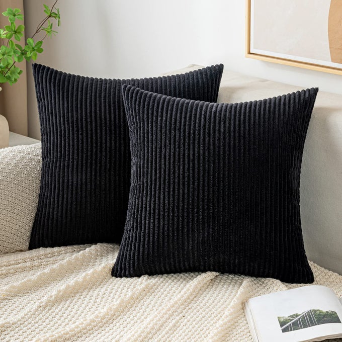 CUSHION COVERS CORDUROY SQUARE THROW PILLOW COVERS STRIPED SOFT SHAM HOME FOR SOFA COUCH BEDROOM DECORATIVE PILLOWCASES 16X16 INCH 40X40CM SET OF 2 BALCK